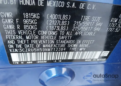 2022 Honda Hr-V 2Wd Ex z USA, uszkodzony, nr VIN 3CZRU5H59NM712384